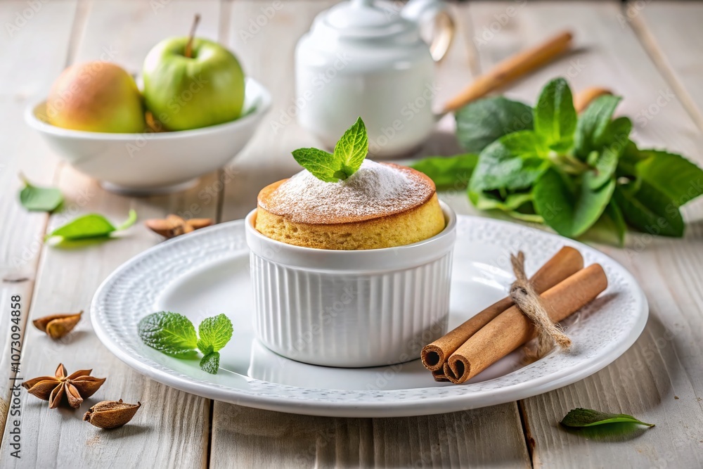 Minimalist Sweet Pear Soufflé with Cinnamon and Mint on a Simple White Plate Surrounded by Fresh Ingredients and Soft Natural Light for Culinary Aesthetics Minimalist Sweet Pear Soufflé with Cinnamon and Mint on a Simple White Plate Surrounded by Fresh Ingredients and Soft Natural Light for Culinary Aesthetics