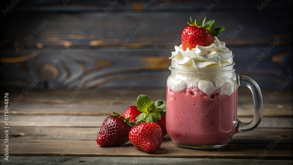 A creamy strawberry milkshake in a glass jar, topped with whipped cream and a single strawberry, surrounded by fresh strawberries on a rustic wooden table A creamy strawberry milkshake in a glass jar, topped with whipped cream and a single strawberry, surrounded by fresh strawberries on a rustic wooden table