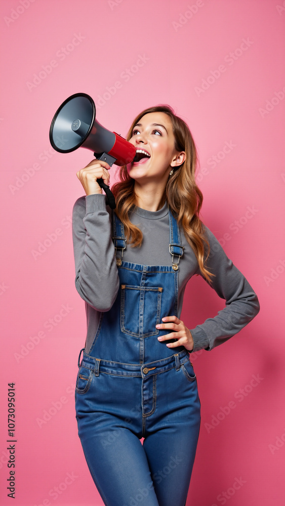 Energetic Young Woman with Megaphone: Vibrant Marketing Campaign or Social Media Influencer Content Energetic Young Woman with Megaphone: Vibrant Marketing Campaign or Social Media Influencer Content