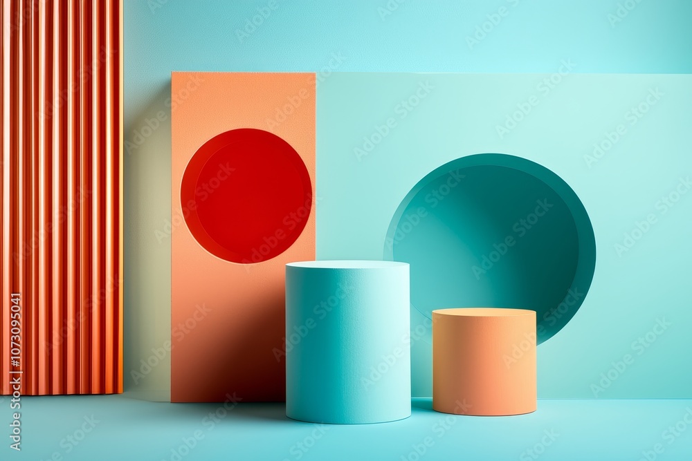 Vibrant 3d abstract geometric forms against a soft blue background in a surreal artistic display Vibrant 3d abstract geometric forms against a soft blue background in a surreal artistic display