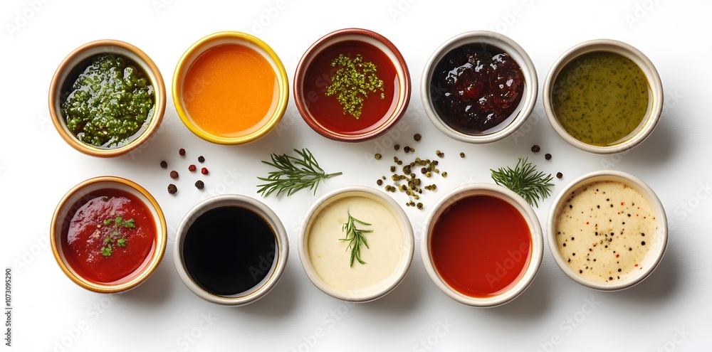 A variety of colorful sauces and dips in small bowls arranged neatly on a white background. A variety of colorful sauces and dips in small bowls arranged neatly on a white background.