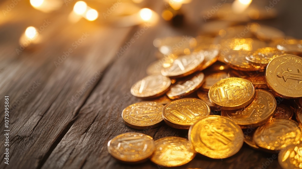 Rustic Hanukkah scene with golden chocolate gelt in foil, glowing under candlelight with festive decor. Hanukkah Rustic Hanukkah scene with golden chocolate gelt in foil, glowing under candlelight with festive decor. Hanukkah