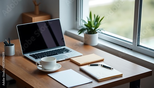 Minimalist Workspace with Laptop and Notebook,