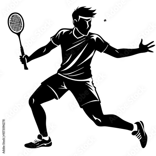 Badminton Player Silhouette: A powerful silhouette of a badminton player in mid-swing, capturing the intense focus and dynamic energy of the sport. Perfect for showcasing athleticism, competition.