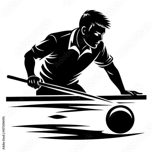 Focused Billiard Player: A silhouette of a focused pool player, with a dramatic motion blur trail behind the ball, depicting the intensity and skill of the game.  