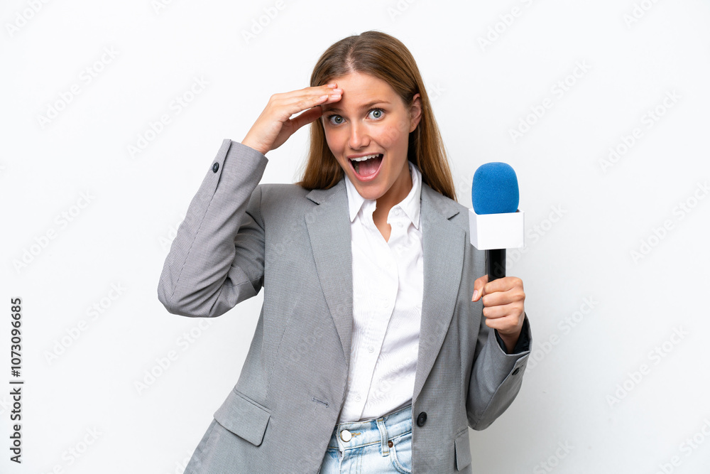Young caucasian tv presenter woman isolated on white background with surprise expression Young caucasian tv presenter woman isolated on white background with surprise expression