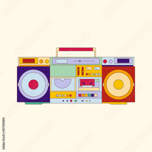 Vintage boombox vector illustration vibrant colorful. Perfect for retro, music, and nostalgic design themes, evoking 80s and 90s vibes.