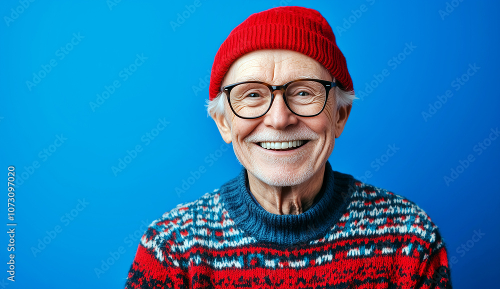 Fototapeta premium An elderly gentleman wearing a red hat smiling happily with a blue background.