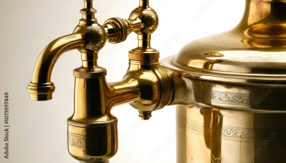 A gold faucet is attached to a brass pot A gold faucet is attached to a brass pot