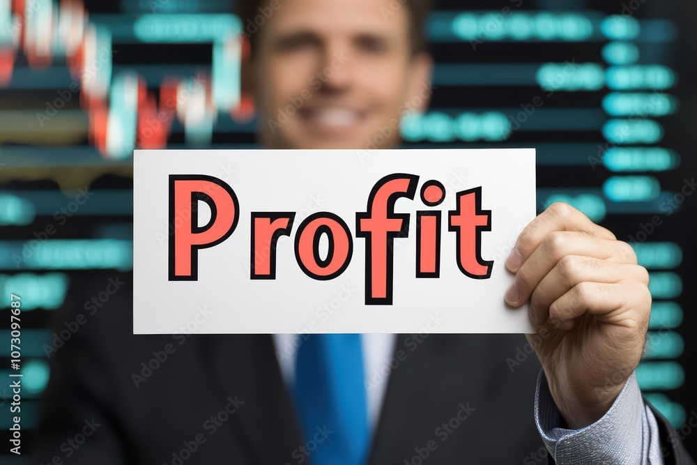Smiling businessman holds a sign that says 'Profit' against a background of financial charts. Smiling businessman holds a sign that says 'Profit' against a background of financial charts.