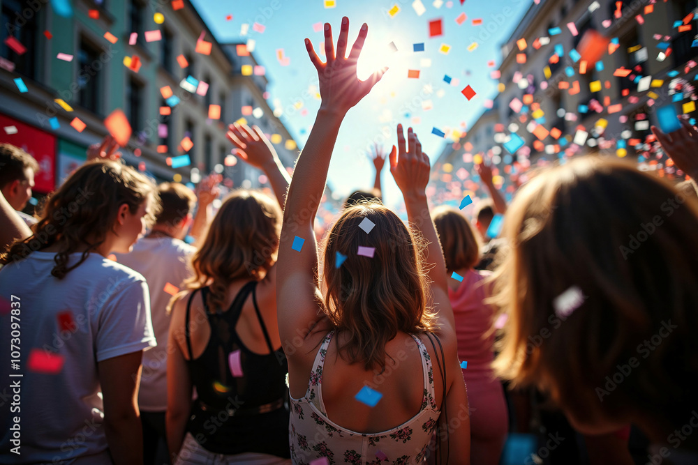 Obraz premium Confetti raining down on crowds of people, hands waving in the air, as they celebrate a festival, a joyous occasion. Ecstatic fans cheering excitedly, welcoming their home team during a victory parade