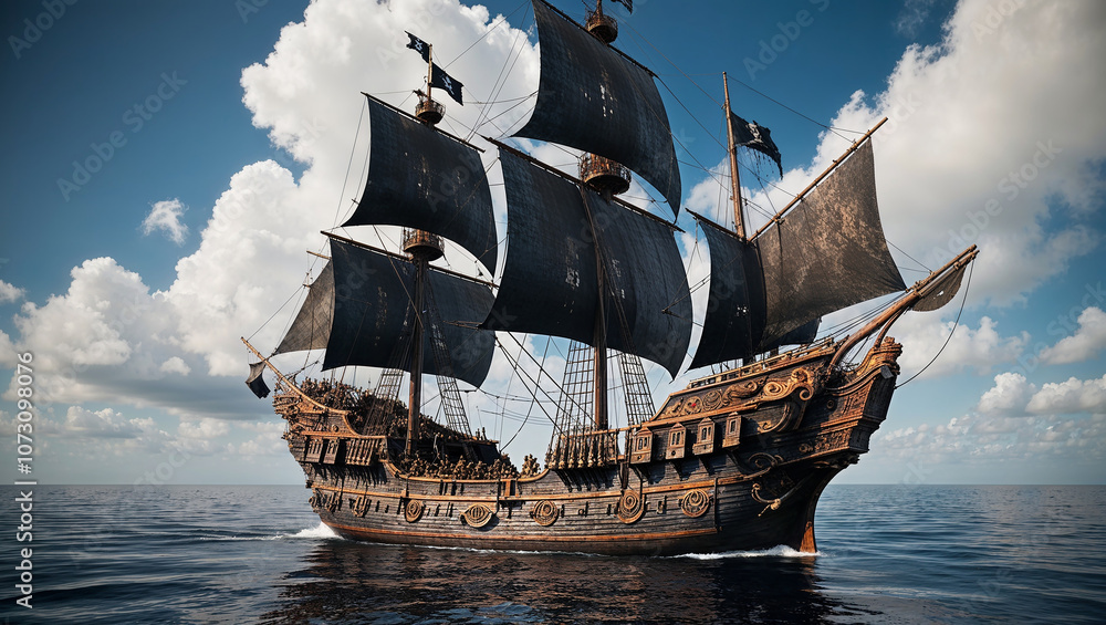 Naklejka premium Majestic black sail pirate ship on open blue sea journeying.
