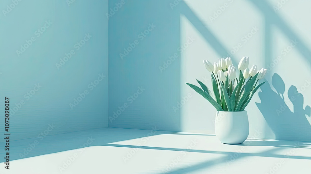 serene corner featuring white vase with fresh tulips, casting soft shadows on light blue wall. tranquil atmosphere enhances beauty of flowers serene corner featuring white vase with fresh tulips, casting soft shadows on light blue wall. tranquil atmosphere enhances beauty of flowers