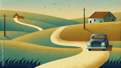 フランスの田舎道をトコトコと古い車が走っている