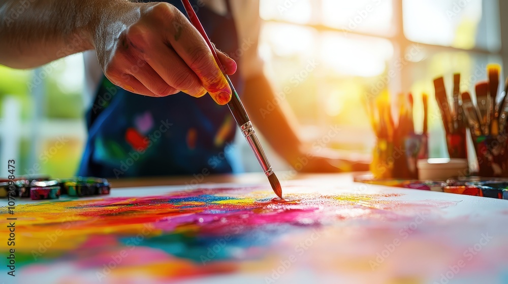 Creative hand painting with vibrant colors in a bright studio environment. Creative hand painting with vibrant colors in a bright studio environment.
