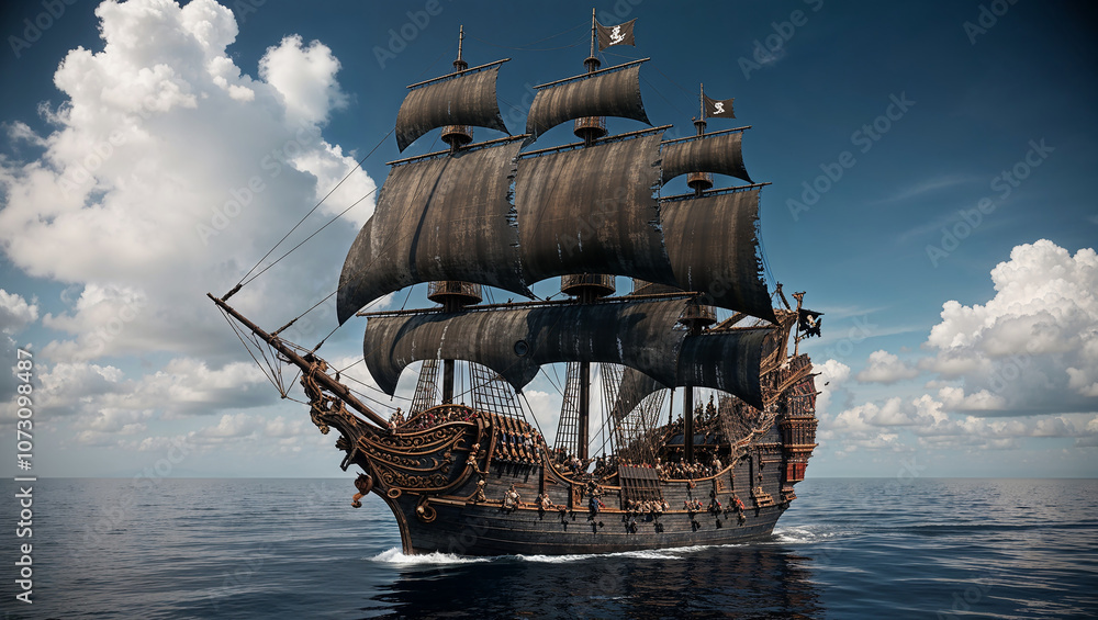 Naklejka premium Intricate pirate ship gracefully sails across the ocean waves.