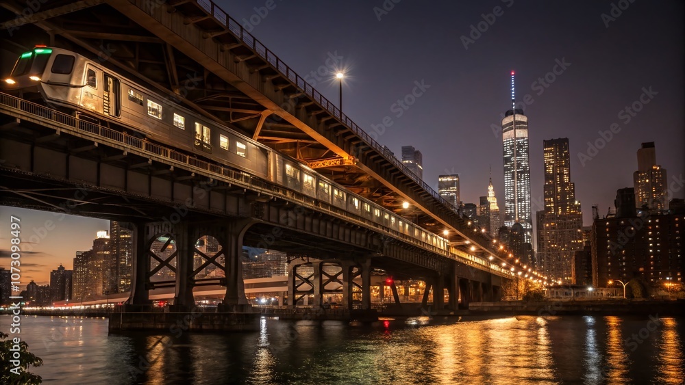 Fototapeta premium Night Photography of a Subway Train Crossing a Bridge with City Lights Reflected in Water, Capturing the Vibrant Energy of Urban Transit and Architectural Beauty