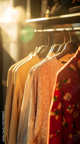 A row of clothes hanging on a rack, with one of them being a red floral dress