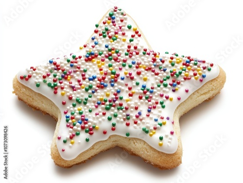 Colorful star-shaped cookie with sprinkles and icing, perfect for festive celebrations, isolated on white background. photo