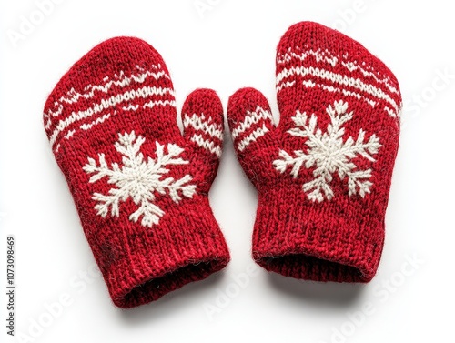 Cozy red mittens with snowflake design, perfect for winter warmth and style, isolated on white background. photo