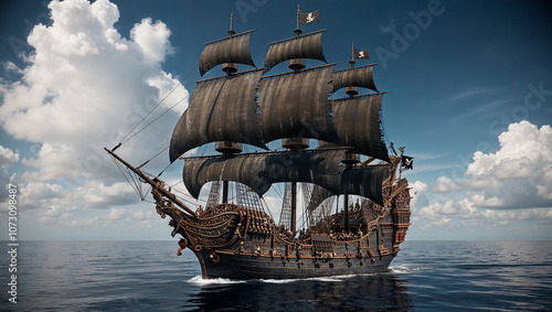 Intricate pirate ship gracefully sails across the ocean waves. photo