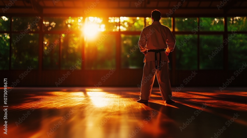 Martial artist practicing in a sunlit dojo, embodying focus and discipline during training. Martial artist practicing in a sunlit dojo, embodying focus and discipline during training.