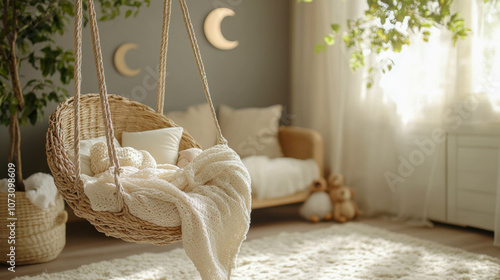 Cozy nursery with wicker swing and moon decor in a sunlit room