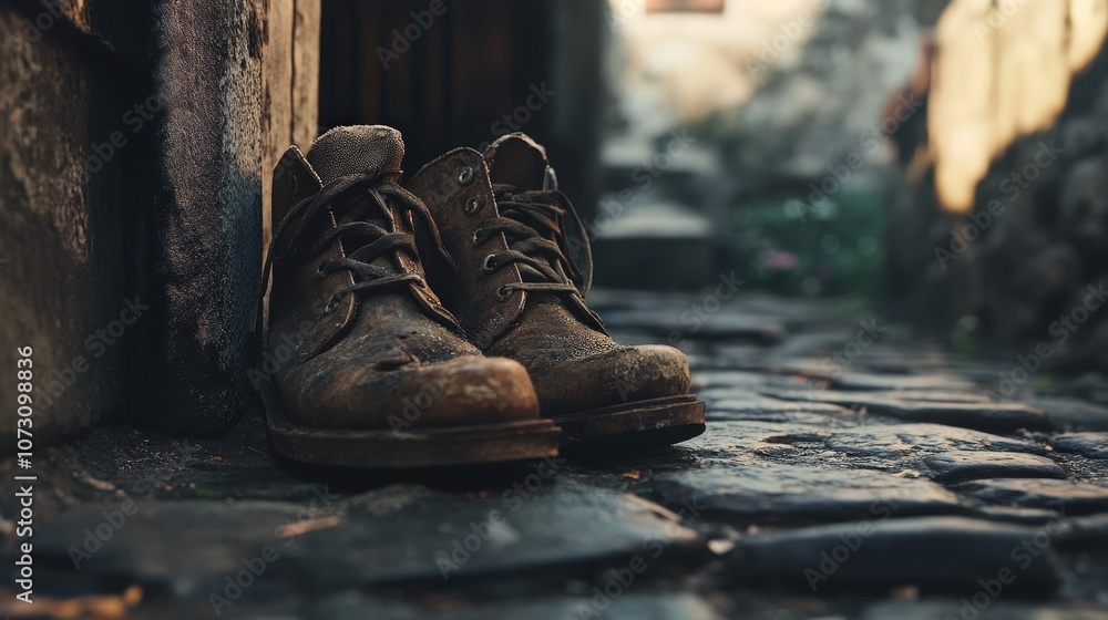 Worn-out boots resting on a cobblestone path, embodying stories of travel and adventure. Worn-out boots resting on a cobblestone path, embodying stories of travel and adventure.