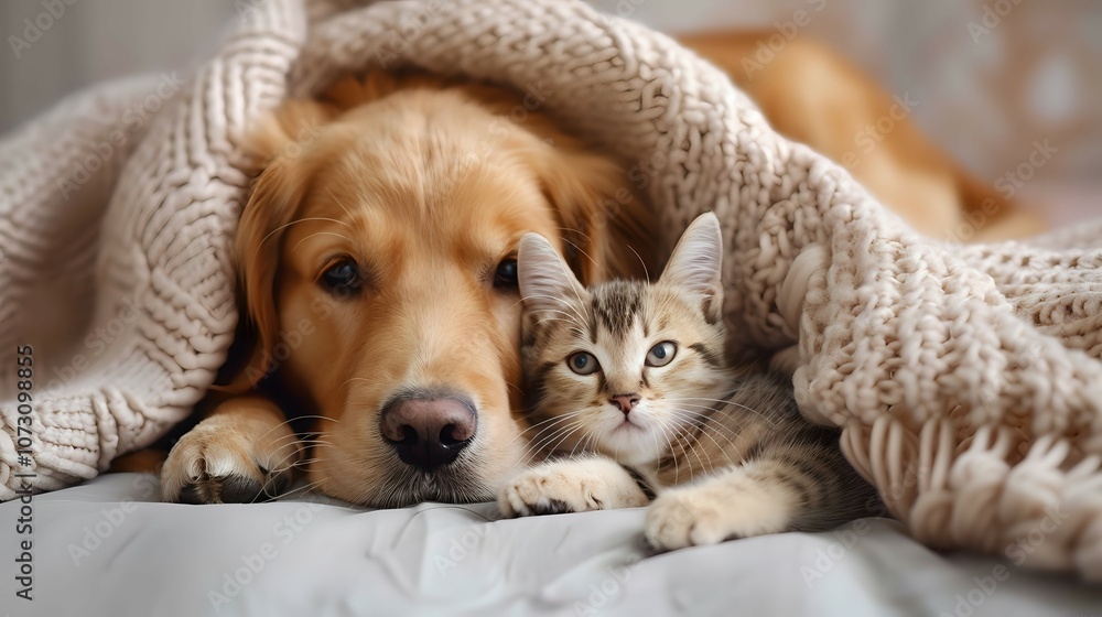 Dog and Cat Snuggling Under Blanket Dog and Cat Snuggling Under Blanket