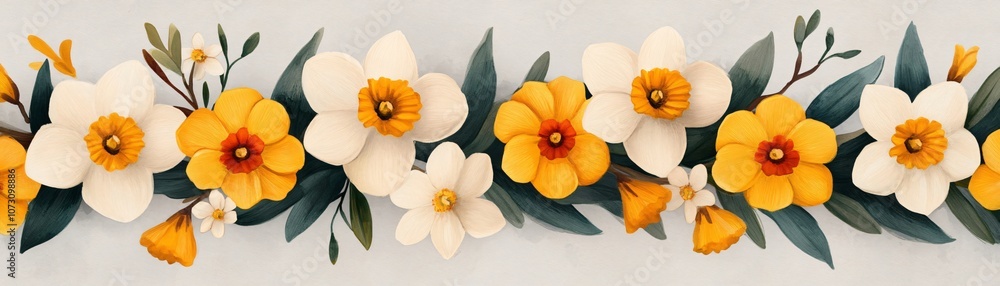 Obraz premium Watercolor daffodils in soft yellow and white tones, minimal details, arranged on a light gray background, seamless design.