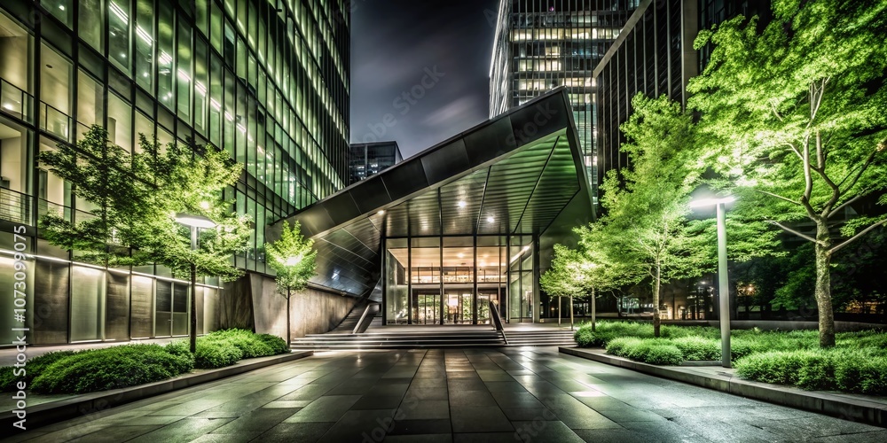 Night Photography of the Entrance to a Modern Art Foundation with Artistic Lighting and Surrounding Urban Landscape, Showcasing Unique Architectural Features and Atmosphere Night Photography of the Entrance to a Modern Art Foundation with Artistic Lighting and Surrounding Urban Landscape, Showcasing Unique Architectural Features and Atmosphere