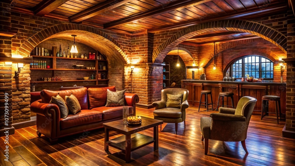 Old World Inspired Basement Speakeasy Lounge with Brick Archways, Antique Bar, Wood Beams, and Diamond Plank Wood Floors Perfect for Nostalgic Gatherings and Events Old World Inspired Basement Speakeasy Lounge with Brick Archways, Antique Bar, Wood Beams, and Diamond Plank Wood Floors Perfect for Nostalgic Gatherings and Events