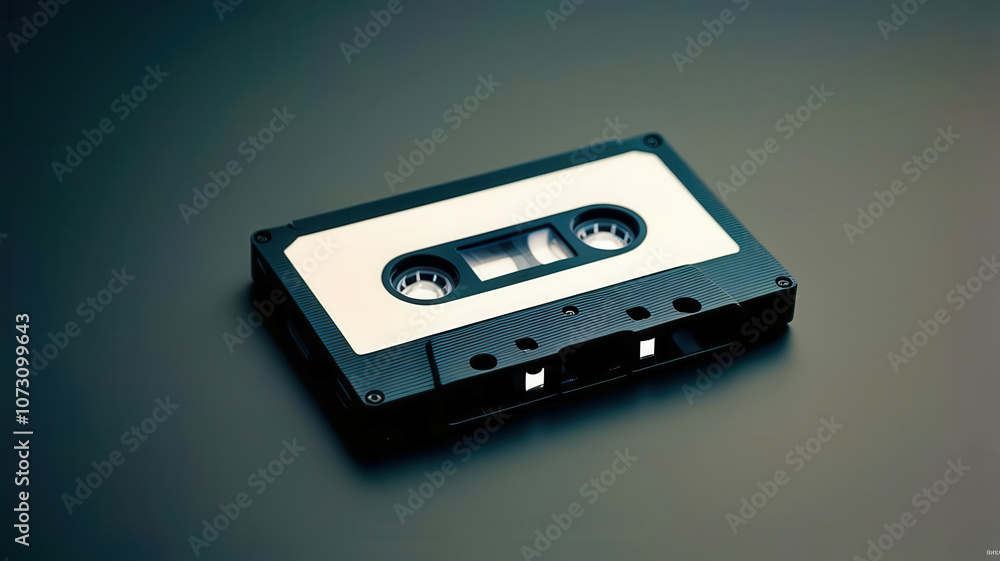 A black and white cassette tape is laying on a dark surface A black and white cassette tape is laying on a dark surface