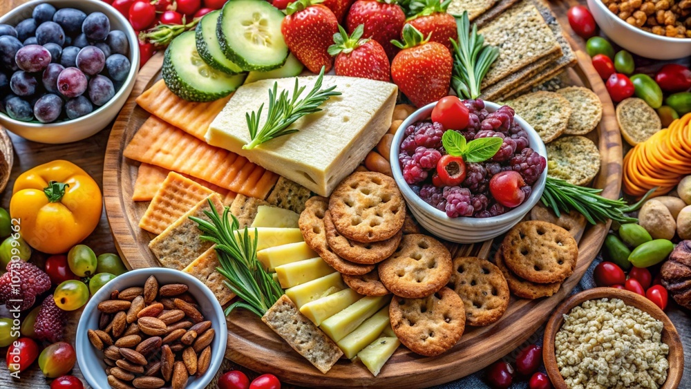 A close-up of a vegan charcuterie board with a variety of artisanal plant-based cheeses, fruits, nuts, and whole grain crackers A close-up of a vegan charcuterie board with a variety of artisanal plant-based cheeses, fruits, nuts, and whole grain crackers