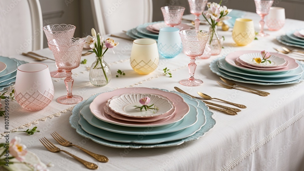 A Serene and Whimsical Pastel-Hued Easter Table Setting Perfect for Family Gatherings and Celebrations A Serene and Whimsical Pastel-Hued Easter Table Setting Perfect for Family Gatherings and Celebrations