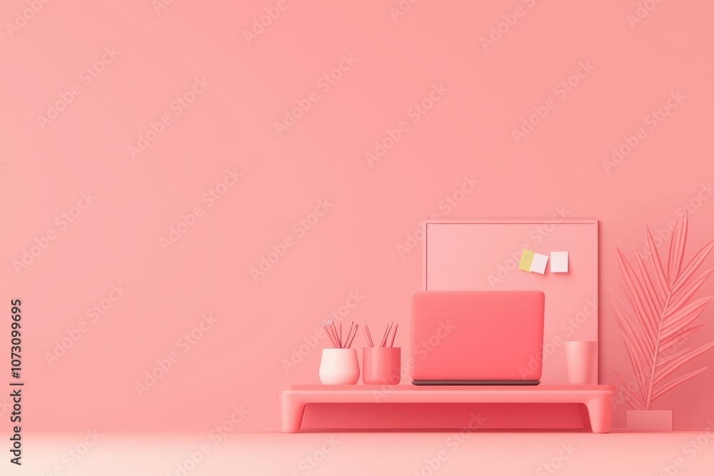 Trendy workspace with a pink aesthetic, featuring a laptop, plants, and stationery on a stylish desk. Trendy workspace with a pink aesthetic, featuring a laptop, plants, and stationery on a stylish desk.