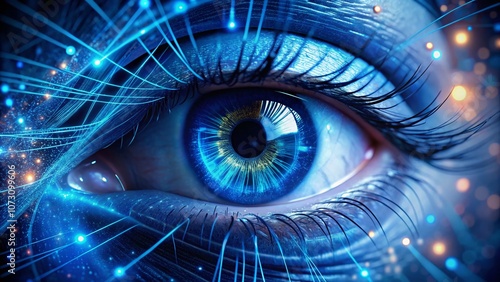 Optical Fibers Creating a Blue Human Eye: A Stunning Representation of Artificial Intelligence and Technology Interconnectedness in a Futuristic Setting