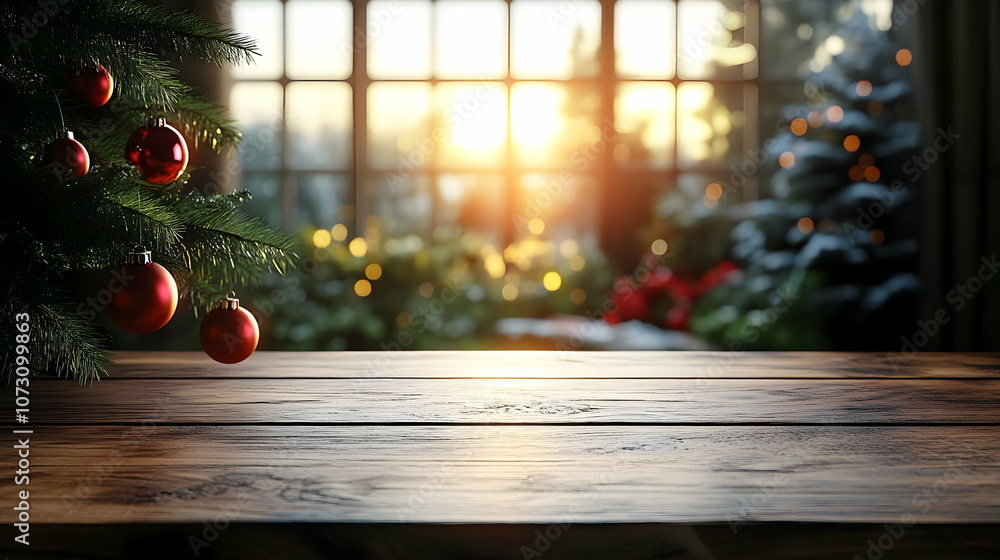 Wooden Table With Christmas Tree and Festive Lights Background Wooden Table With Christmas Tree and Festive Lights Background