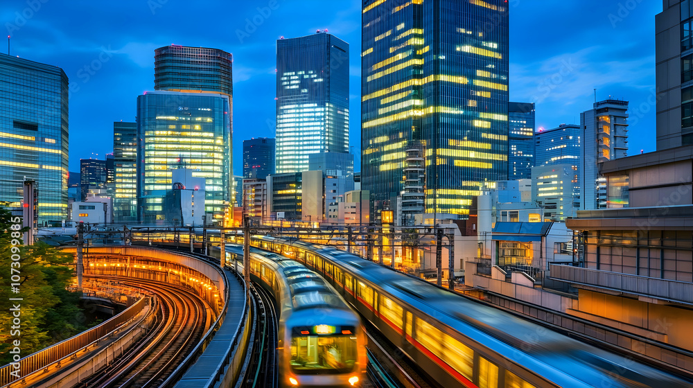 Obraz premium Futuristic city train with light trails, motion blur, high-speed night urban setting