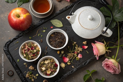Overhead View of Assorted Herbal Teas with Fresh Apples and Roses on a Rustic Black Metal Board Featuring a Teapot and Teacup