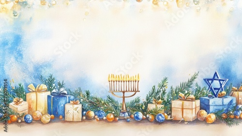 Festive Jewish holiday scene in watercolor with menorah, blue and gold accents, and peaceful background. Hanukkah photo