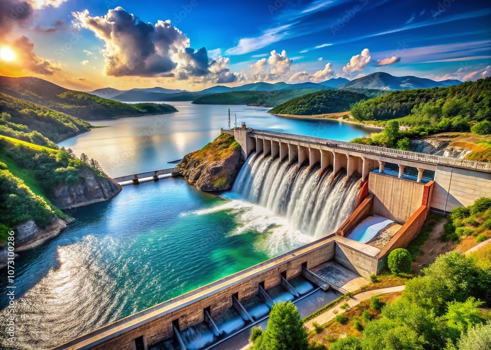 Obraz premium Panoramic View of a Hydroelectric Dam with Water Purification System, Showcasing Renewable Energy Production and Clean Water Supply in a Natural Landscape Setting