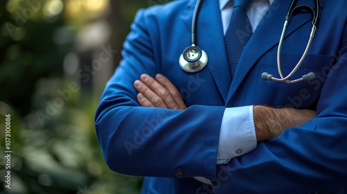 A male doctor of European descent is seen with his arms crossed, wearing a blue suit and a stethoscope around his neck. The background features lush greenery. photo