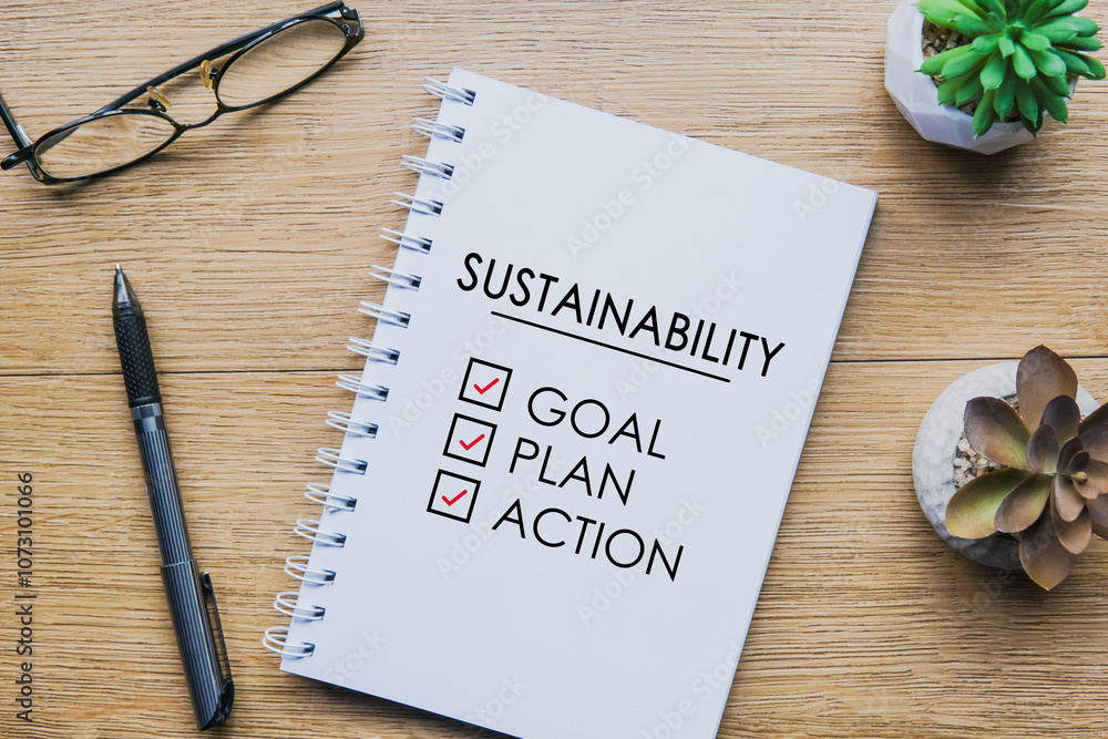 Fototapeta premium Sustainability written in notebook with pen, glasses and two small plant on wooden table. business sustainable concept.