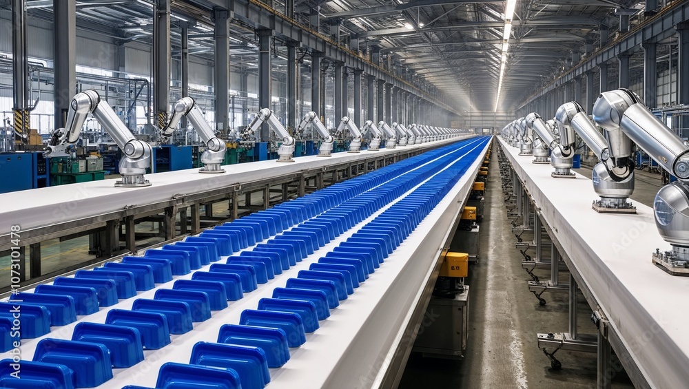 Fototapeta premium A Sprawling Industrial Production Line Stretching Across a Modern Factory with Various Machines and Workers Engaged in Manufacturing