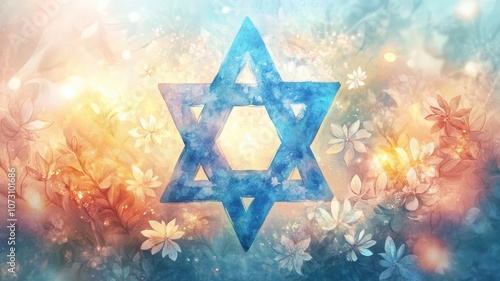 Artistic watercolor of Star of David in blue and gold, surrounded by soft lights and floral accents for sacred atmosphere. Hanukkah photo