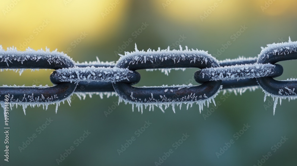 Frost-covered Metal Chain Link Up Close Frost-covered Metal Chain Link Up Close