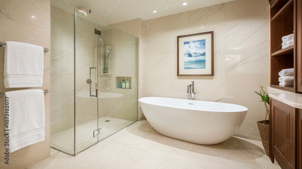 Modern and Elegant Bathroom Interior Featuring a Freestanding Bathtub, Glass Shower, and Sophisticated Décor for Luxurious Relaxation Spaces Modern and Elegant Bathroom Interior Featuring a Freestanding Bathtub, Glass Shower, and Sophisticated Décor for Luxurious Relaxation Spaces
