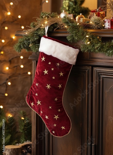 Christmas stocking handing from an antique wood cabinet decorated for the holiday season. photo