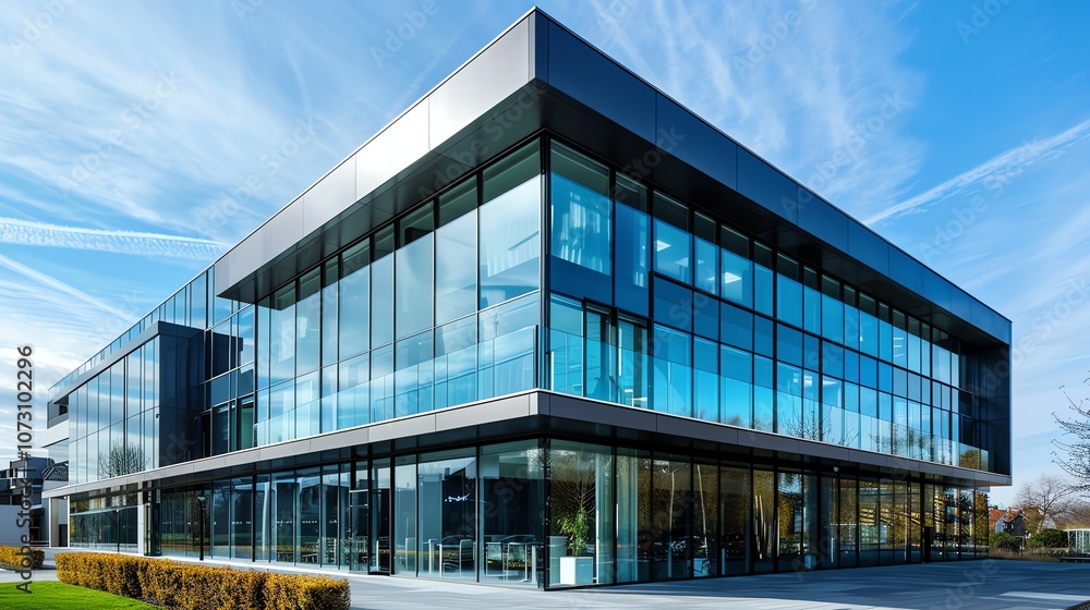 A large modern office building with a glass facade. A large modern office building with a glass facade.